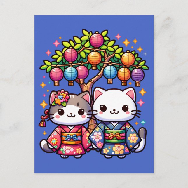 Postal Gatitos de Tanabata en Kimonos (Anverso)