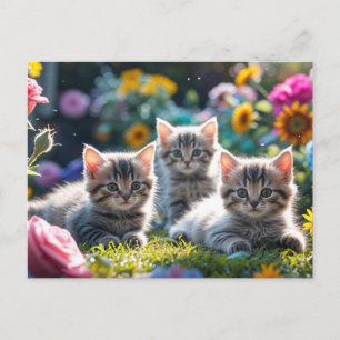 Postal Gatitos lindos en el jardín de flores