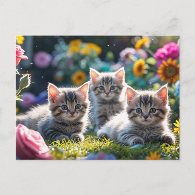 Postal Gatitos lindos en el jardín de flores (Anverso)
