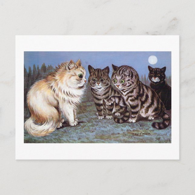 Postal Gatitos reunidos a la luz de la luna, Louis Wain (Anverso)