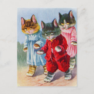 Postal Gatitos vestidos en la lluvia de los años 1930