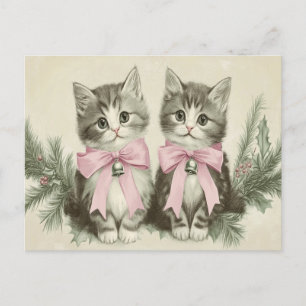 Postal Gatitos vintage de Navidad con arcos rosados