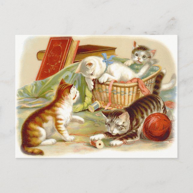 Postal Gatitos Vintage Divirtiéndose (Anverso)