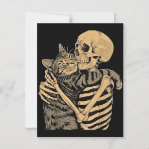 Postal Gato abrazando esqueleto – Regalo para amantes de 