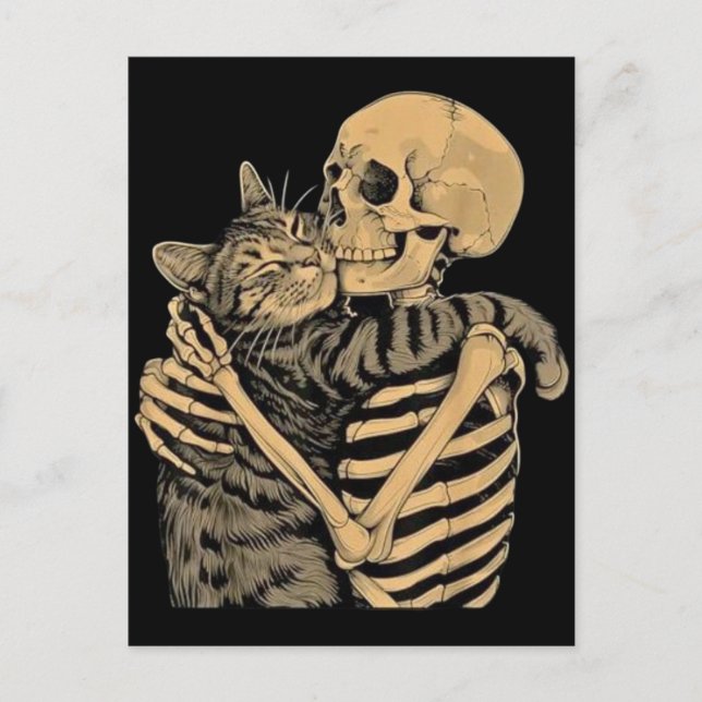 Postal Gato abrazando esqueleto – Regalo para amantes de  (Anverso)