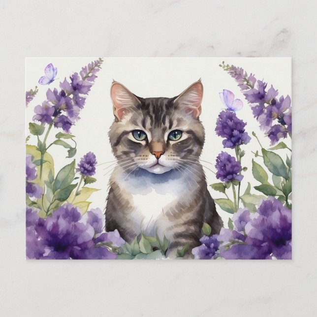 Postal Gato acuarela con flores de lavanda (Anverso)