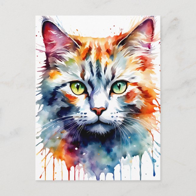 Postal Gato acuarela Multicolor Splash arte (Anverso)