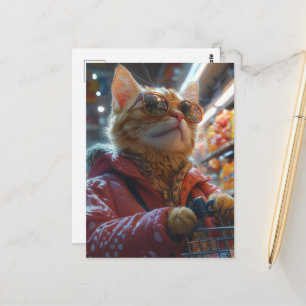 Postal Gato Adorable Comprando Comestibles