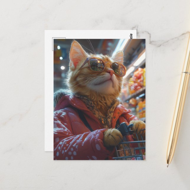 Postal Gato Adorable Comprando Comestibles (Anverso/Reverso In Situ)