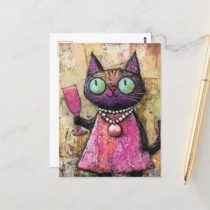 Postal Gato Adorable Con Bebida A Mano