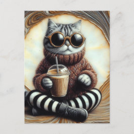 Postal Gato Adorable Con Bebida De Café