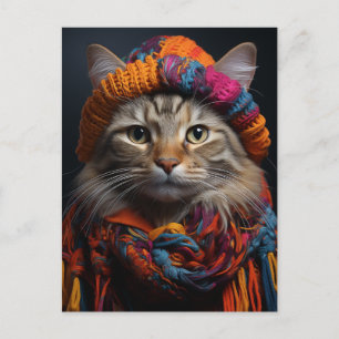 Postal Gato Adorable con Bufanda y Sombrero