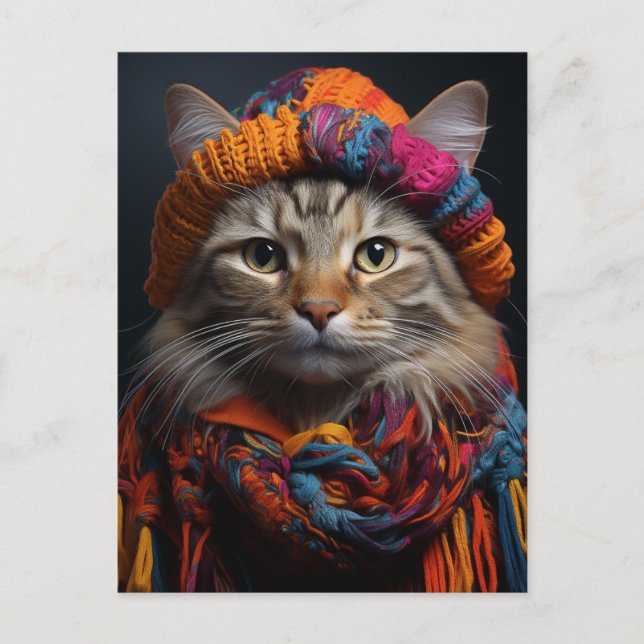 Postal Gato Adorable con Bufanda y Sombrero (Anverso)