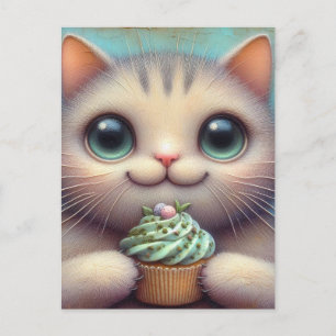 Postal Gato Adorable con Cupcake de Hierba Gatera