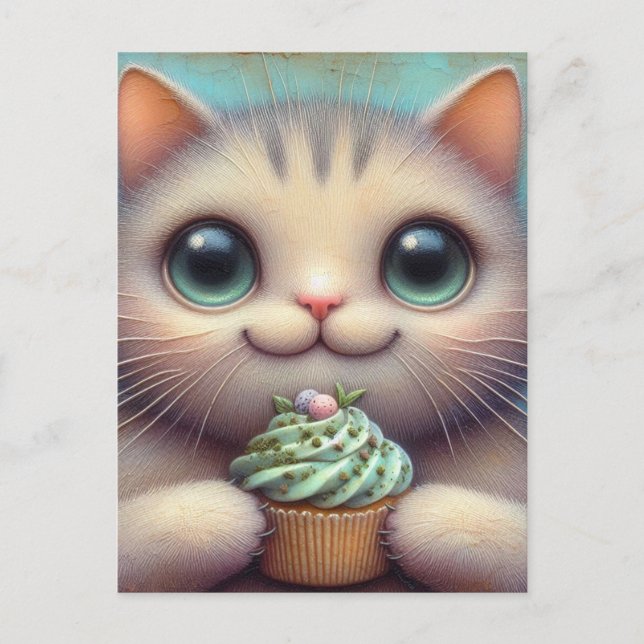 Postal Gato Adorable con Cupcake de Hierba Gatera (Anverso)