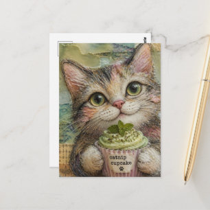 Postal Gato Adorable con Cupcake de Hierba Gatera