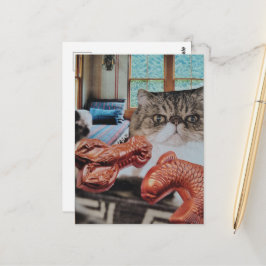 Postal Gato Adorable con Langosta y Collage de Pescado