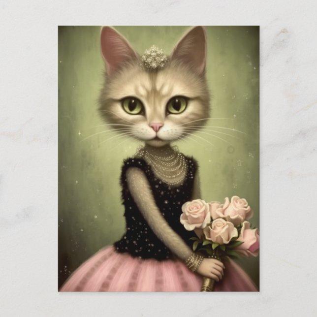Postal Gato Adorable Con Rosas Rosa (Anverso)