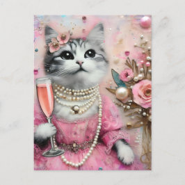 Postal Gato Adorable con un vestido rosa con perlas