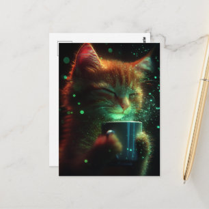 Postal Gato Adorable Disfruta de Algo de Café