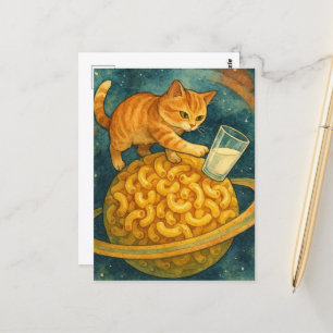 Postal Gato Adorable Empujando Leche Fuera Del Planeta