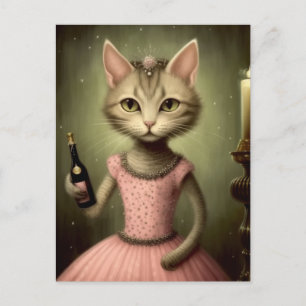 Postal Gato adorable en rosa con botella de champán