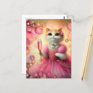 Postal Gato Adorable en rosa y Perlas con Bebida a Mano