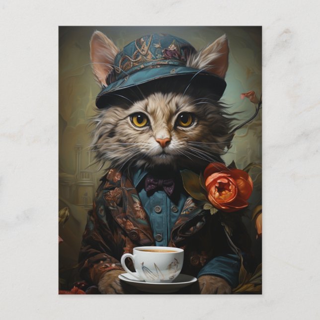 Postal Gato adorable en un traje con café (Anverso)