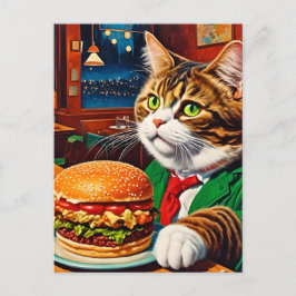 Postal Gato adorable en una vieja hamburguesa de queso