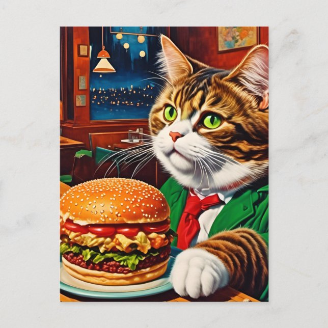 Postal Gato adorable en una vieja hamburguesa de queso (Anverso)