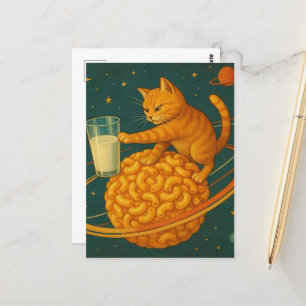 Postal Gato Adorable Ginger Empujando Leche Fuera Del Pla