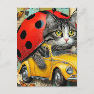 Postal Gato Adorable Ladybug Híbrido Conducción de un Col
