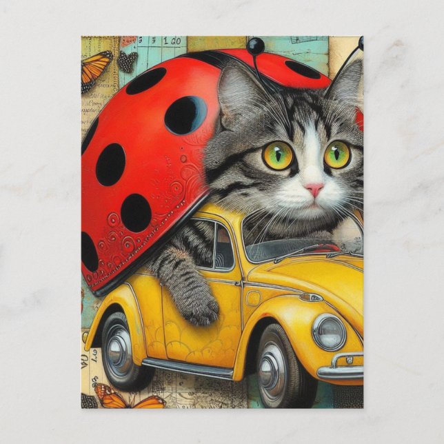 Postal Gato Adorable Ladybug Híbrido Conducción de un Col (Anverso)