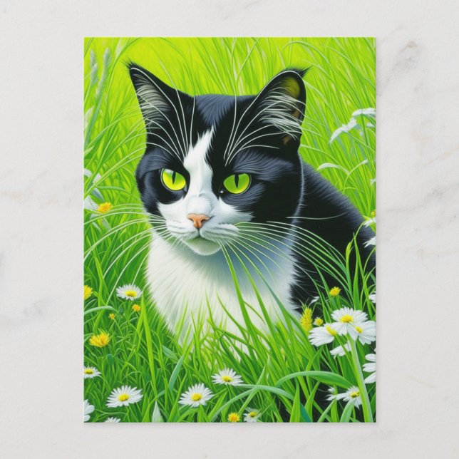 Postal Gato Adorable Personalizado en un campo de Daisies (Anverso)