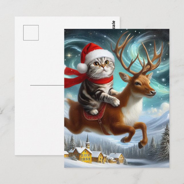 Postal Gato Adorable Santa y la Navidad del Reno (Anverso / Reverso)