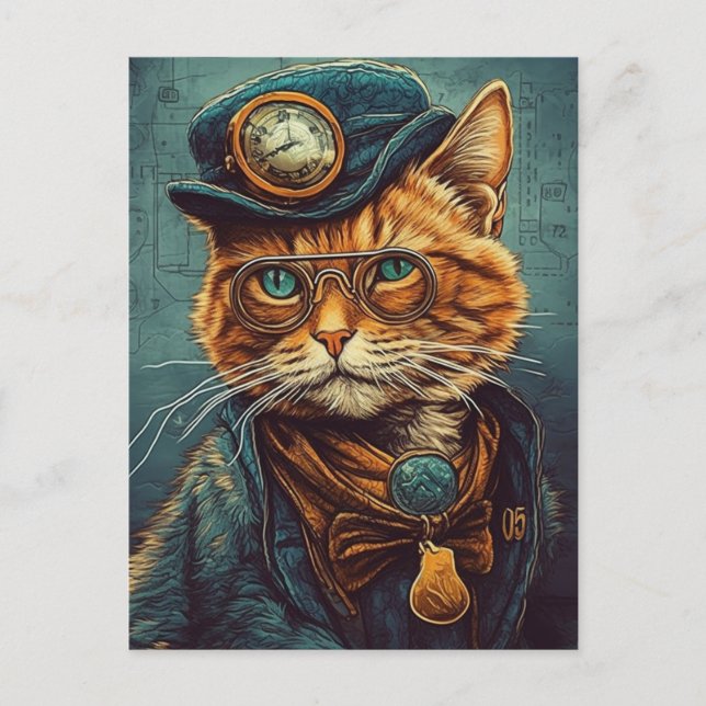 Postal Gato Adorable Steampunk Ginger (Anverso)
