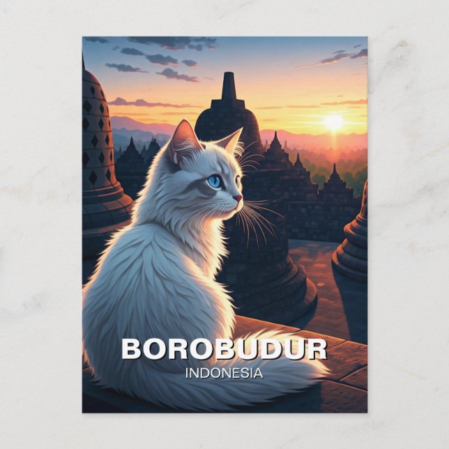 Postal Gato al atardecer de Borobudur Indonesia (Anverso)