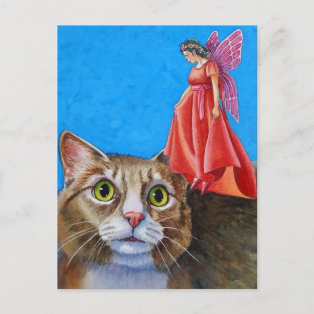 Postal Gato asombrado con hadas rojas (Anverso)