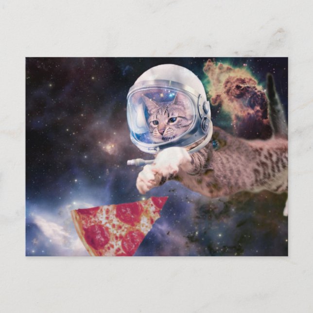 Postal Gato astronauta cazando una porción de pizza (Anverso)