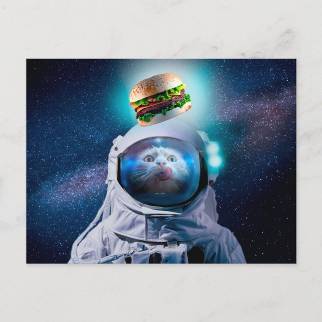 Postal Gato astronauta deseando una hamburguesa (Anverso)