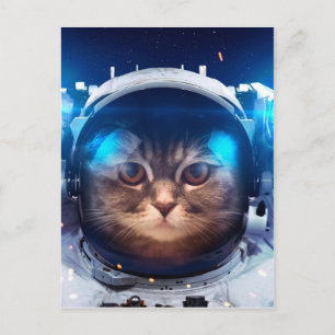 Postal Gato astronauta flota sobre la Tierra