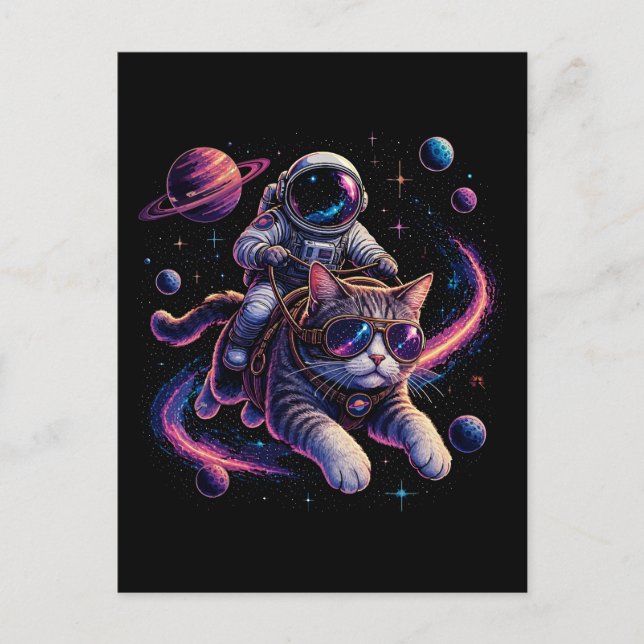 Postal Gato astronauta viajando por el espacio (Anverso)