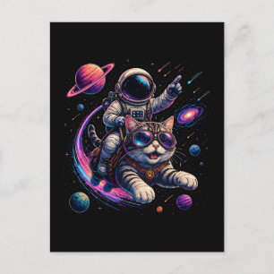 Postal Gato astronauta viajando por el espacio
