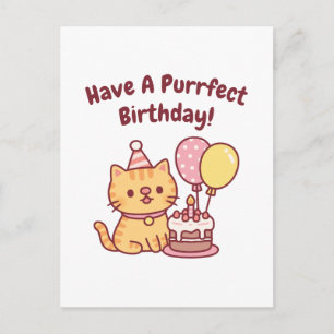 Postal Gato Atigrado Adorable Con Pastel Cumpleaños Diver