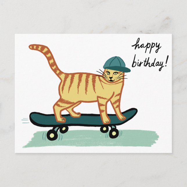 Postal Gato atigrado en monopatín FELIZ CUMPLEAÑOS (Anverso)