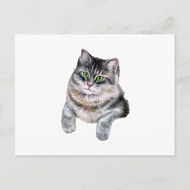 Postal Gato atigrado gris acuarela lindo  (Anverso)