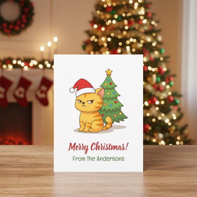 Postal Gato atigrado gruñón sombrero rojo árbol de Navida (Subido por el creador)
