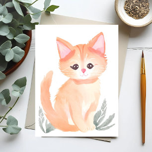 Postal Gato Atigrado Naranja Acuarela Gatito