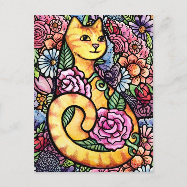 Postal Gato Atigrado Naranja Jardín de Flores  (Anverso)