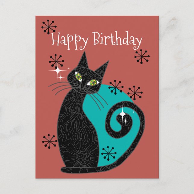 Postal Gato Atómico Moderno de Mitad de Siglo Feliz Cumpl (Anverso)